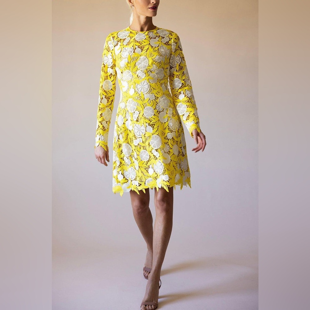NWT $1590 Lela Rose Holly Long-Sleeve Guipure Lace Dress